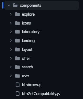 Componentes agrupados en las siguientes carpetas: explore, icons, laboratory, lading, layout, offer, search, user. Componentes indivuales sin grupo: btnArrow.js y btnGetCompatibility.js
