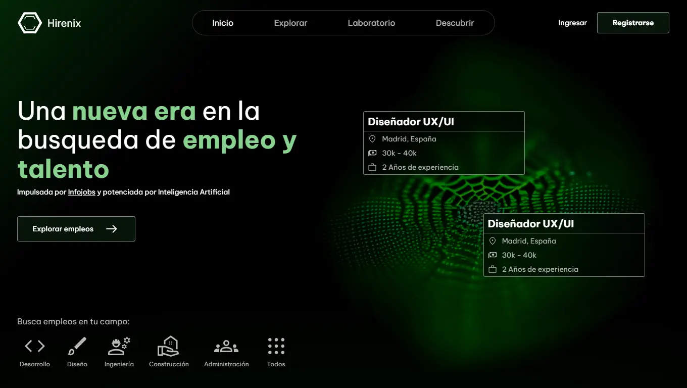 Captura de pantalla de Hirenix, en la sección principal hay un texto que dice: 'Una nueva era en la busqueda de empleo y talento'